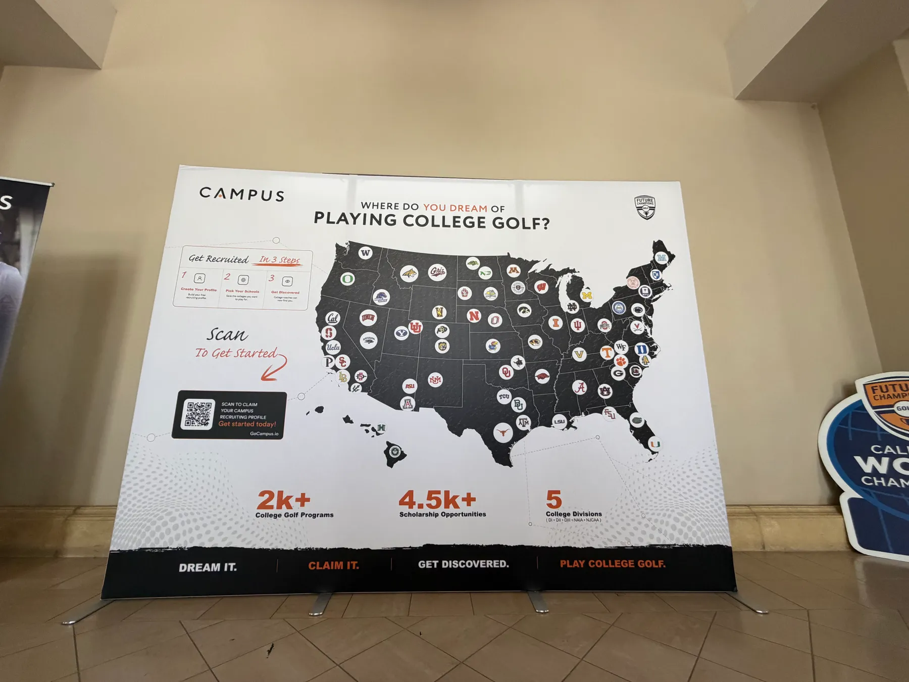 Campus event backdrop reading 'Where do you dream of playing college golf?'
